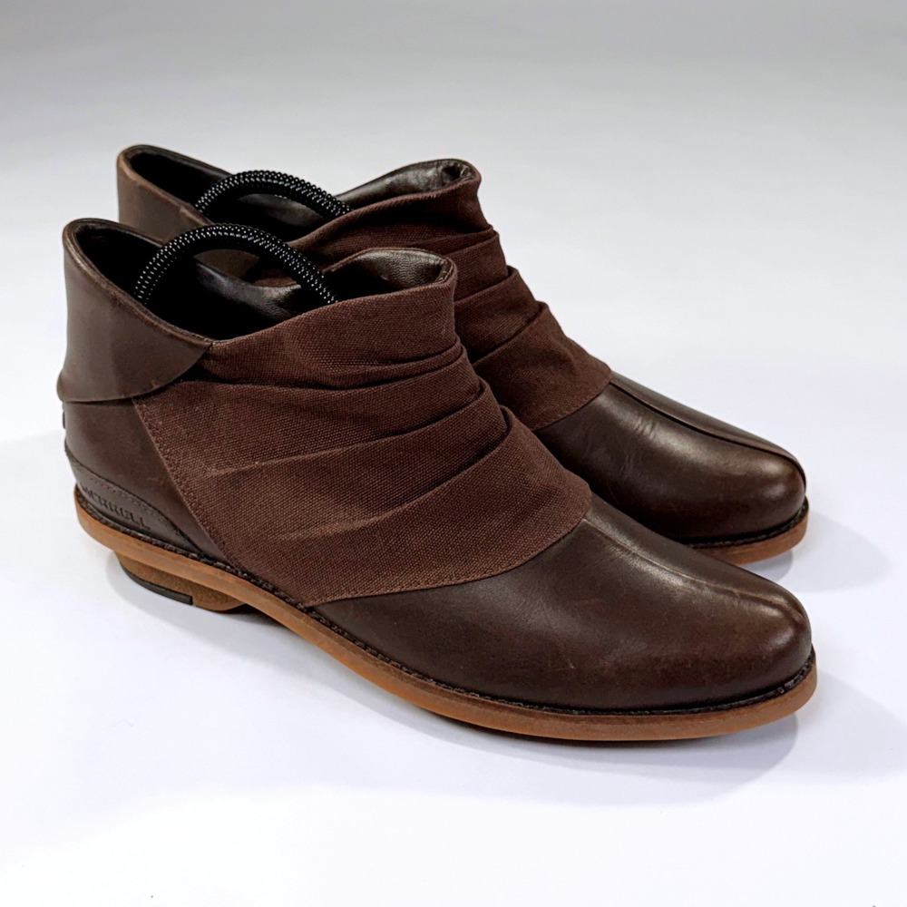 Merrell Adaline Bluff Boots Women 9.5 Bracken Brown Leather Ruched Ankle Comfort